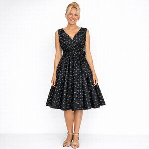 Bee Print Navy Retro Dress with Sash Belt